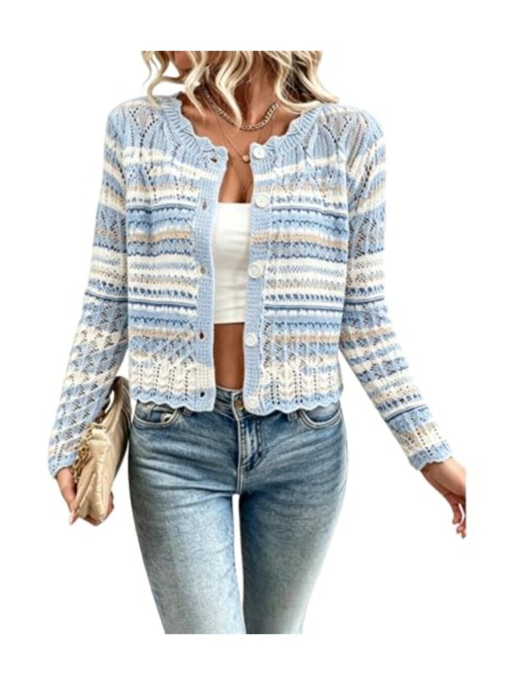 Knit Cardigan Sweater Women Crewneck Cropped Long Sleeve Button Front